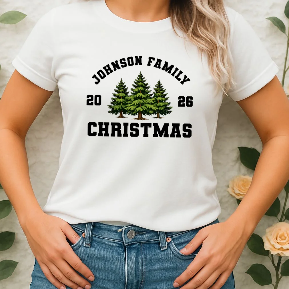 Custom Family Christmas Shirt, Personalized Matching Holiday Tees with Vintage Pine Trees Women's T-Shirt - Front 1
