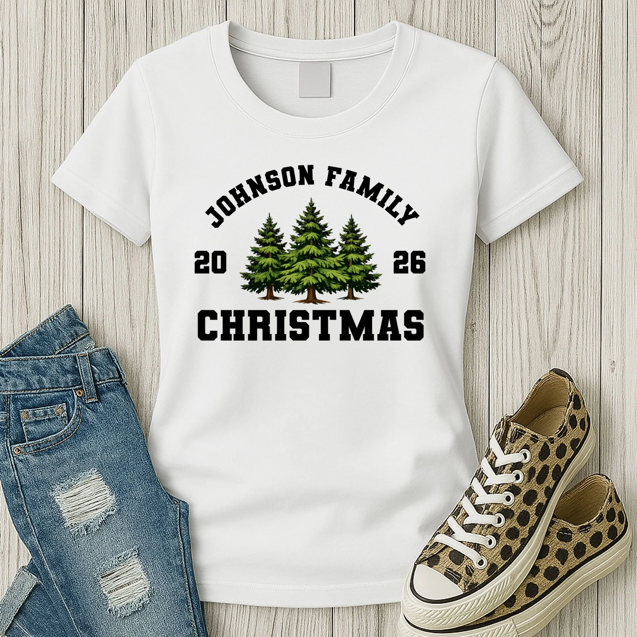 Custom Family Christmas Shirt, Personalized Matching Holiday Tees with Vintage Pine Trees Women's T-Shirt - Front 2