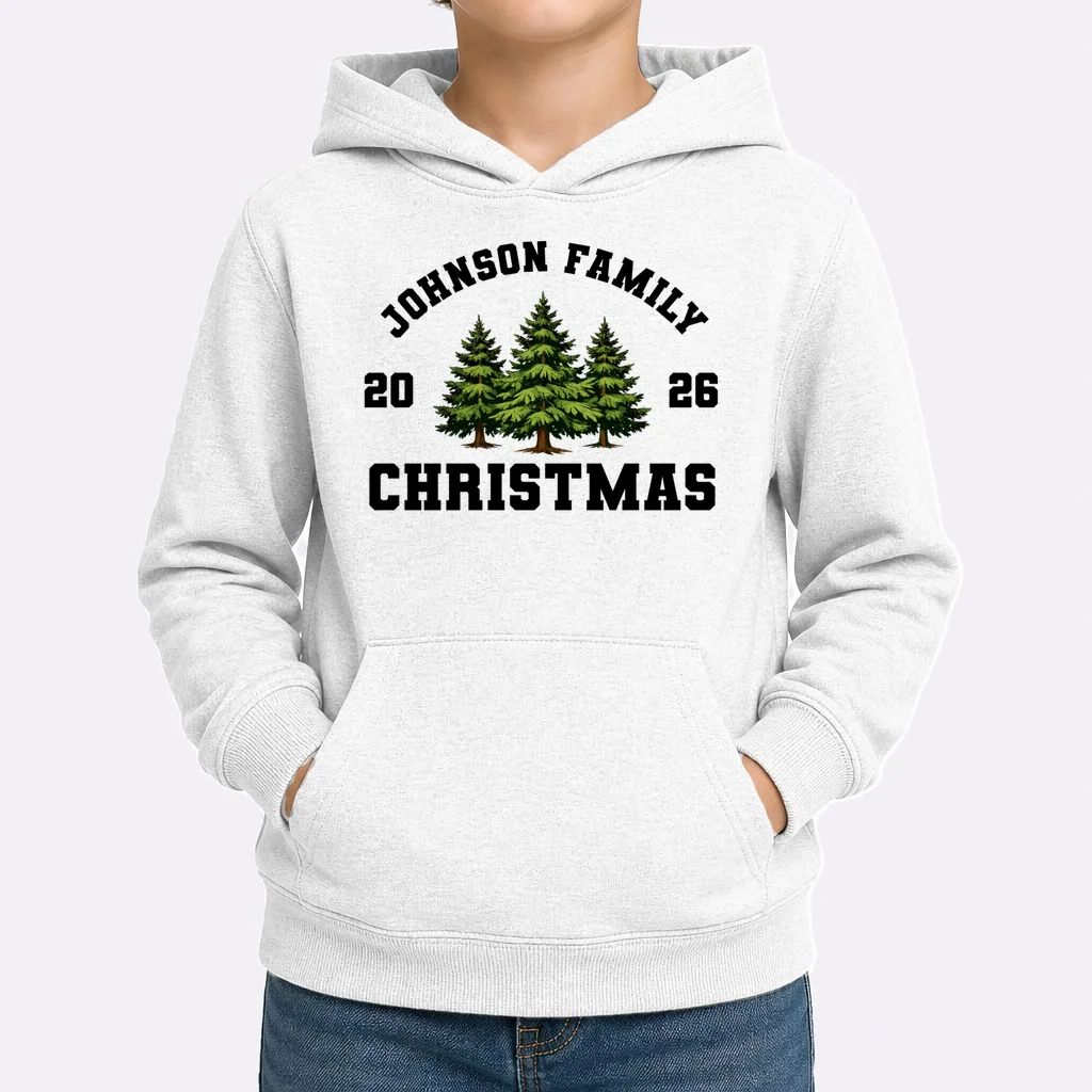 Custom Family Christmas Shirt, Personalized Matching Holiday Tees with Vintage Pine Trees Kids Hoodie - Front 1