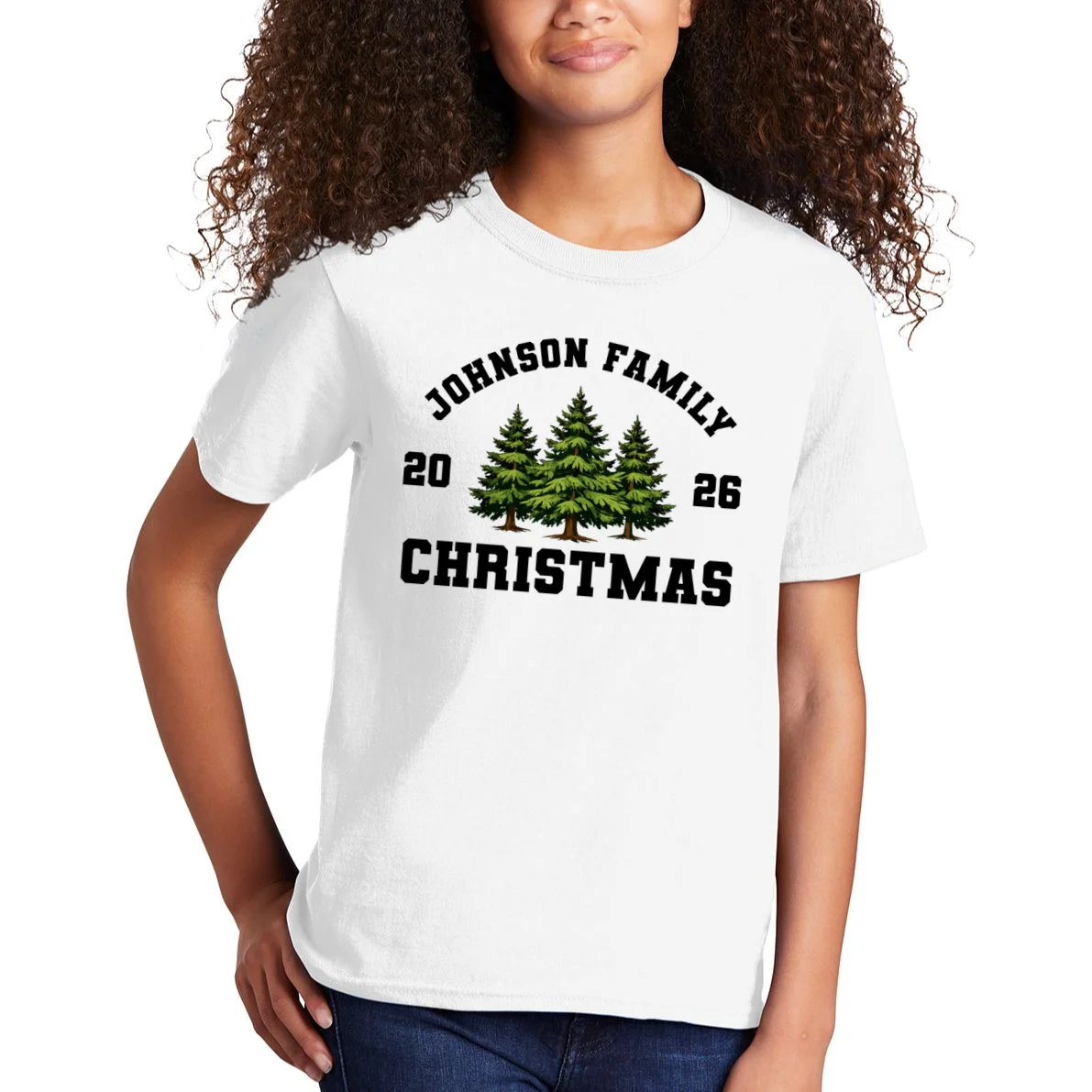 Custom Family Christmas Shirt, Personalized Matching Holiday Tees with Vintage Pine Trees Kids T-Shirt - Front 1