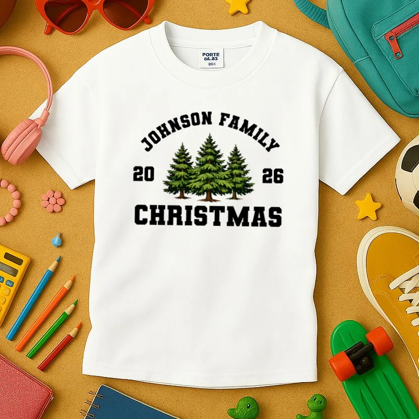 Custom Family Christmas Shirt, Personalized Matching Holiday Tees with Vintage Pine Trees Kids T-Shirt - Front 2
