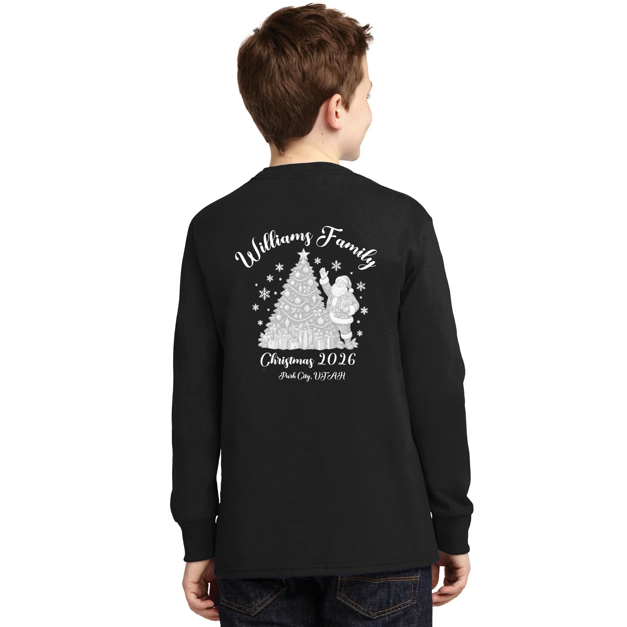 Christmas Family Name Personalized - Custom Holiday Family Gift Kids Long Sleeve Shirt - Back - Close-up