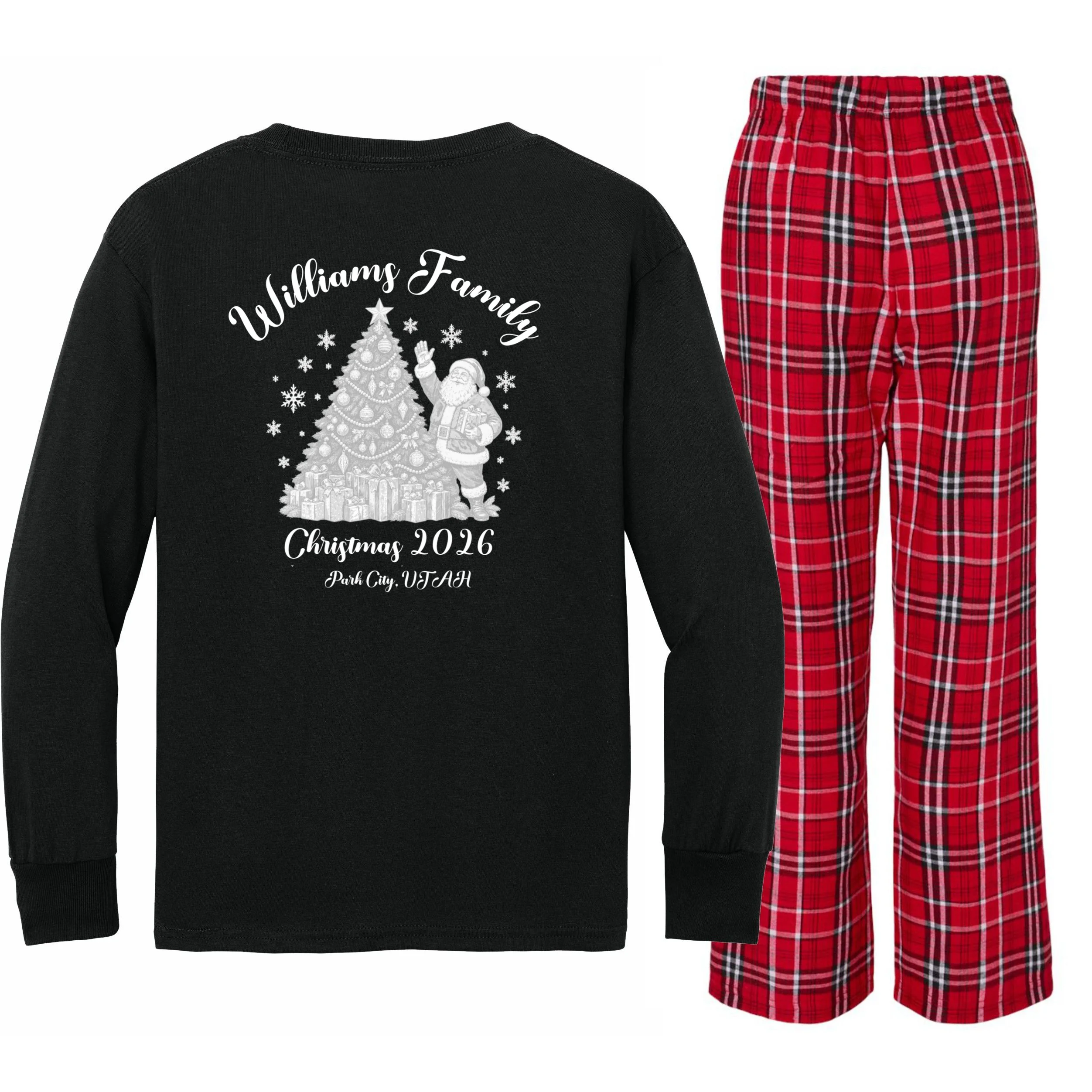Christmas Family Name Personalized - Custom Holiday Family Gift Kids Long Sleeve Pajamas - Back - Close-up