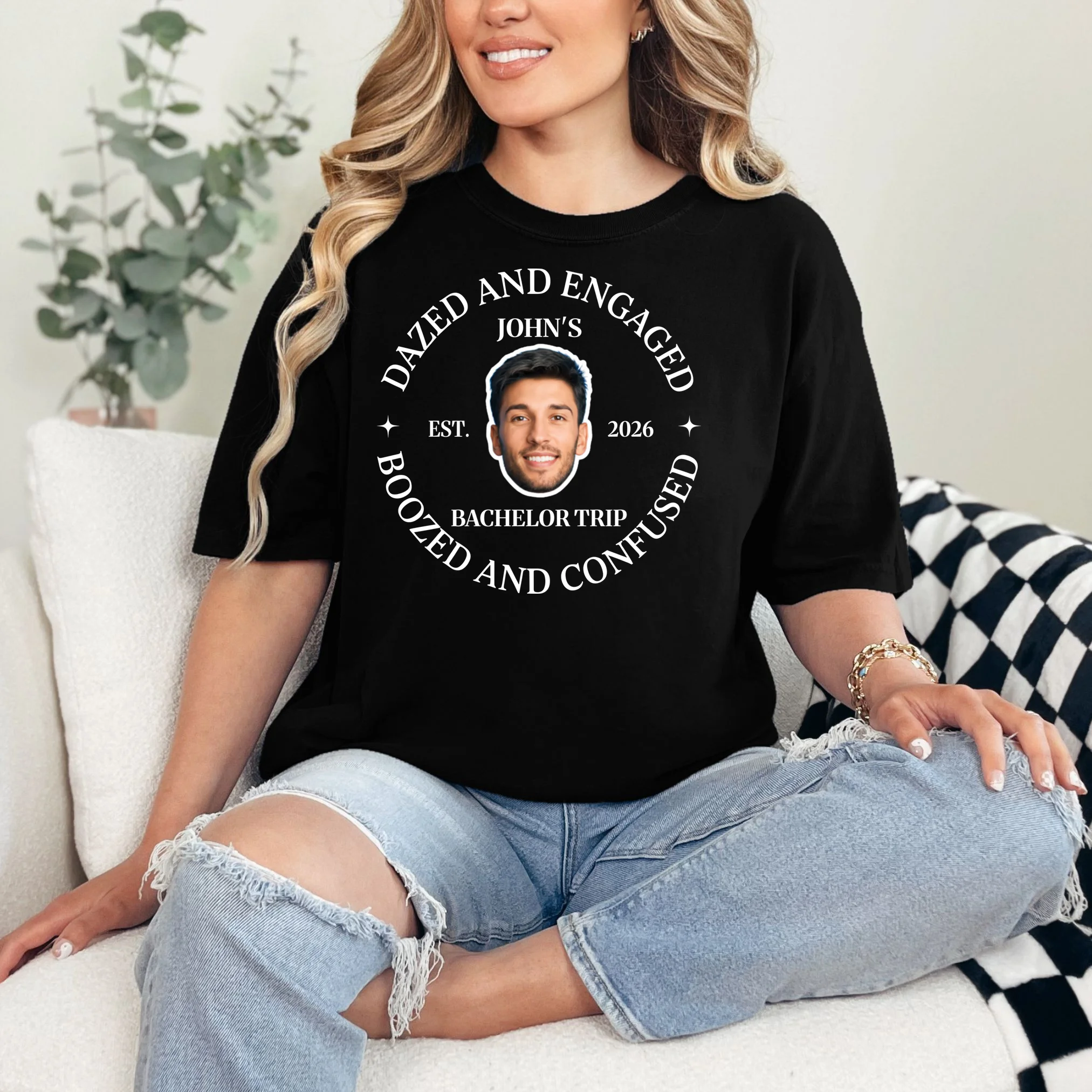 Funny Dazed And Engaged Personalized Bachelor Party T-Shirt - Front 1