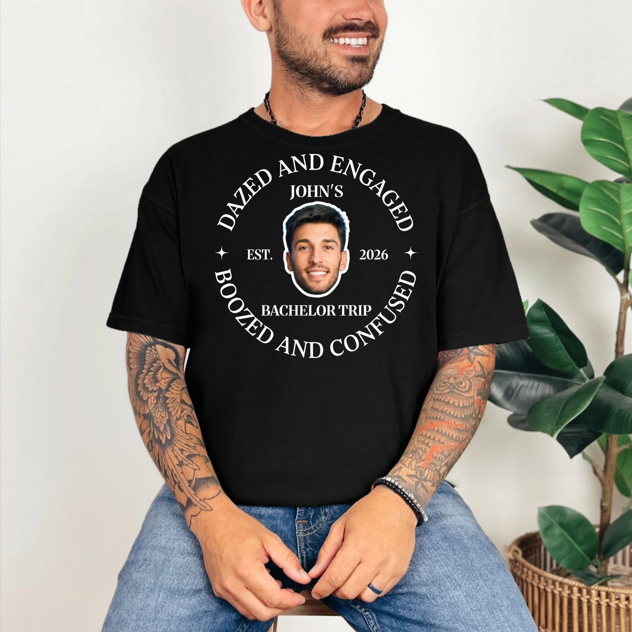 Funny Dazed And Engaged Personalized Bachelor Party T-Shirt - Front 2