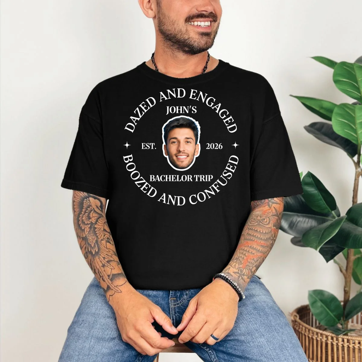 Funny Dazed And Engaged Personalized Bachelor Party T-Shirt - Front 2