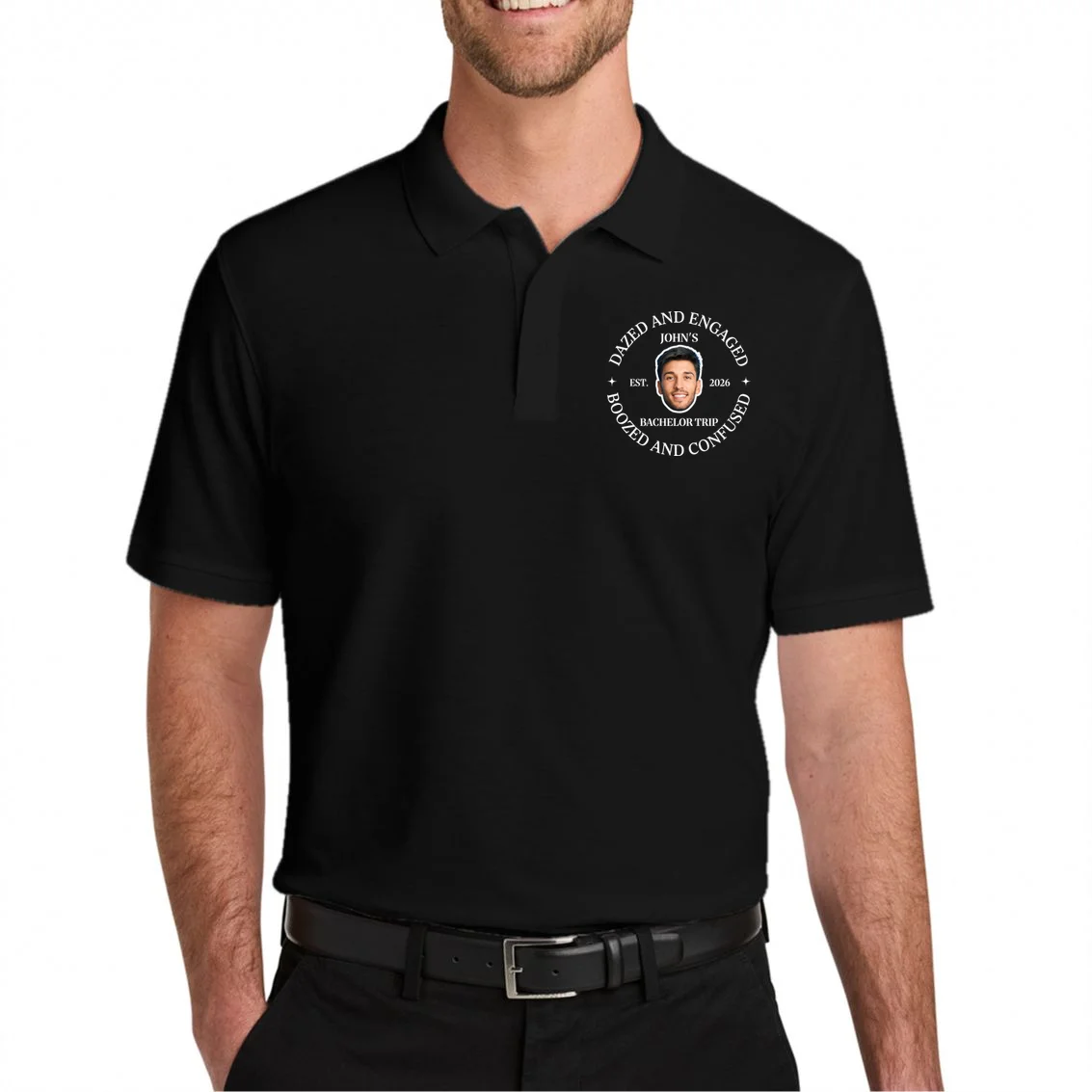 Funny Dazed And Engaged Personalized Bachelor Party Polo Shirt - Front 1