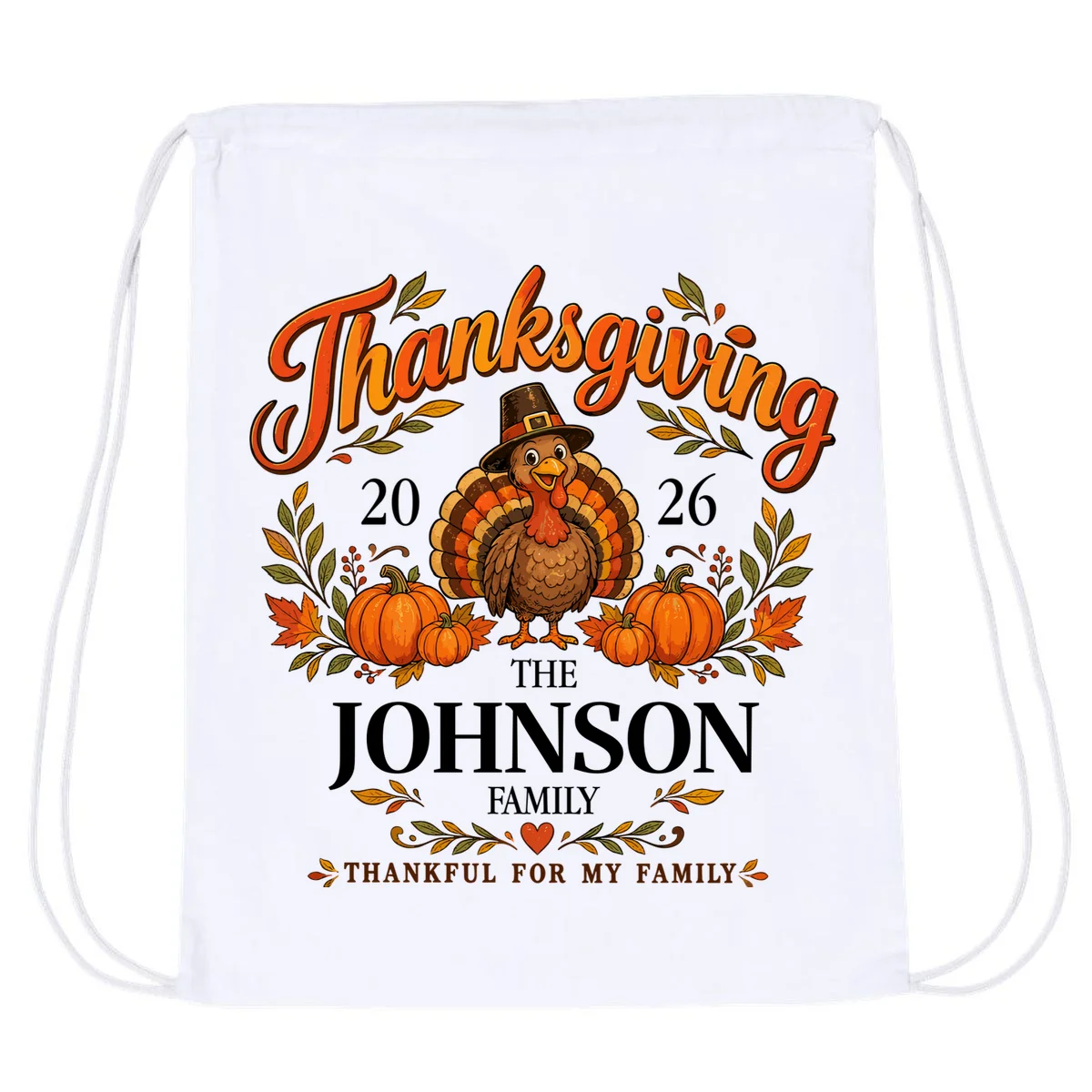 Custom Family Name Thanksgiving Drawstring Bag - Front