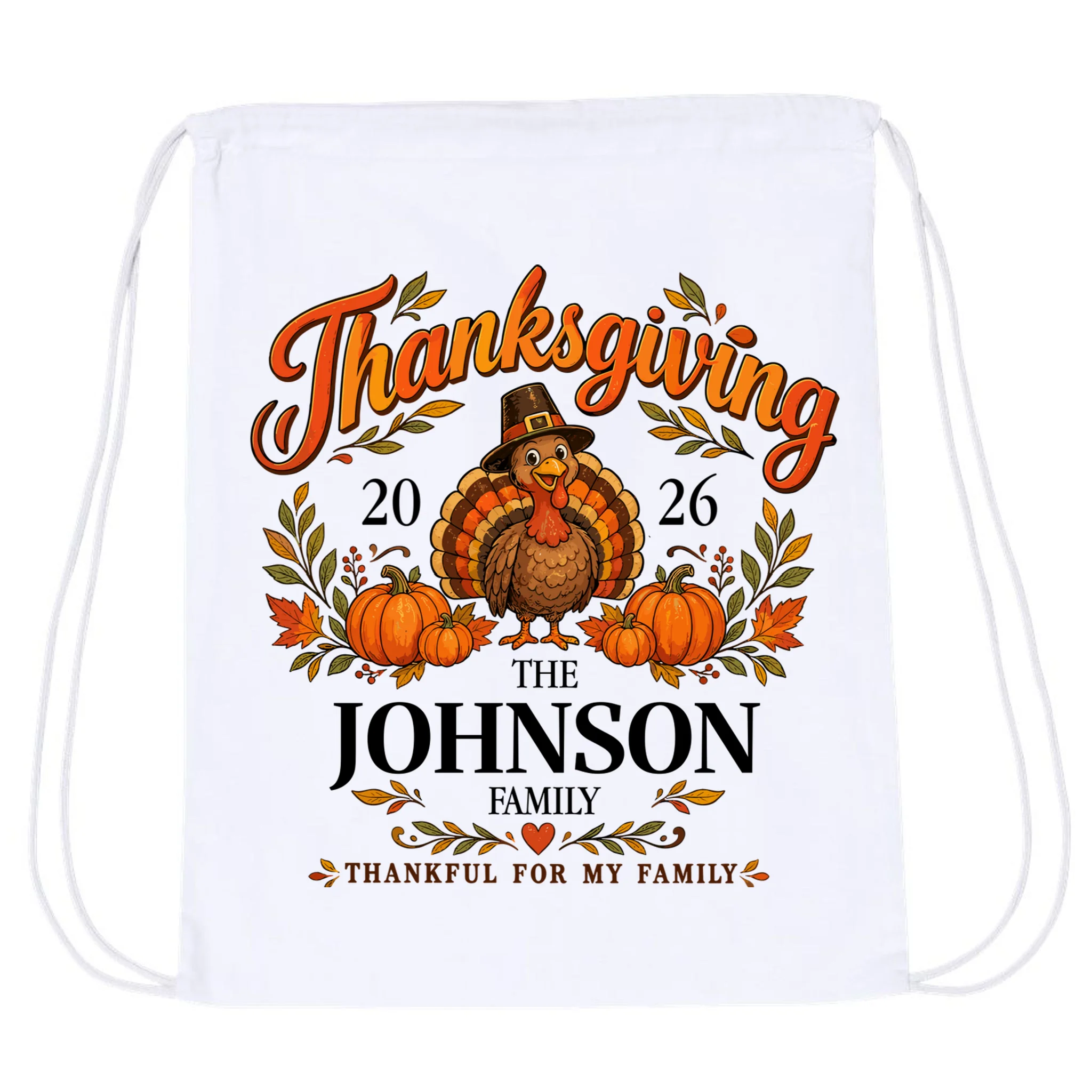 Custom Family Name Thanksgiving Drawstring Bag - Front