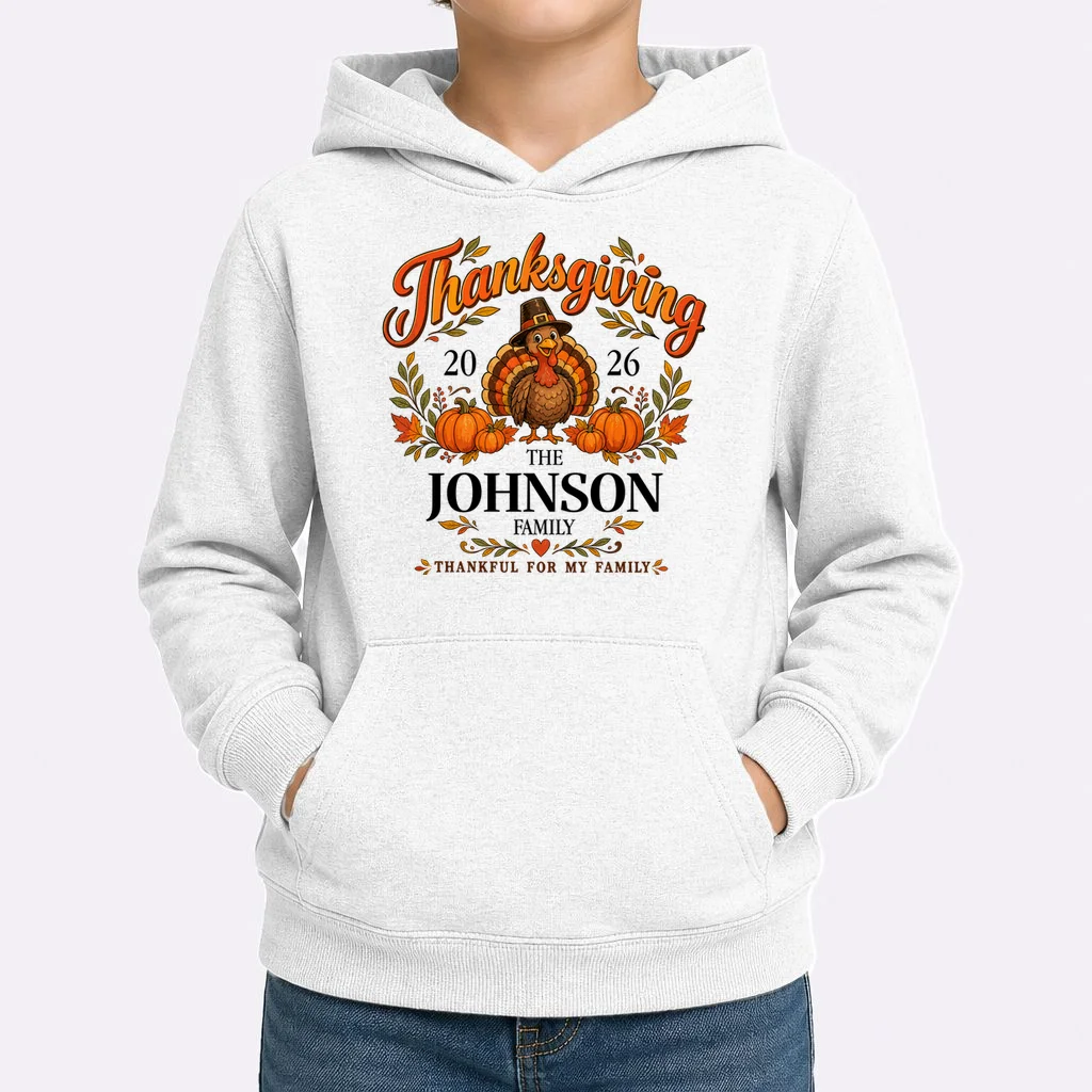 Personalized Thanksgiving Shirt Custom Family Thanksgiving Turkey Day Kids Hoodie - Front 1