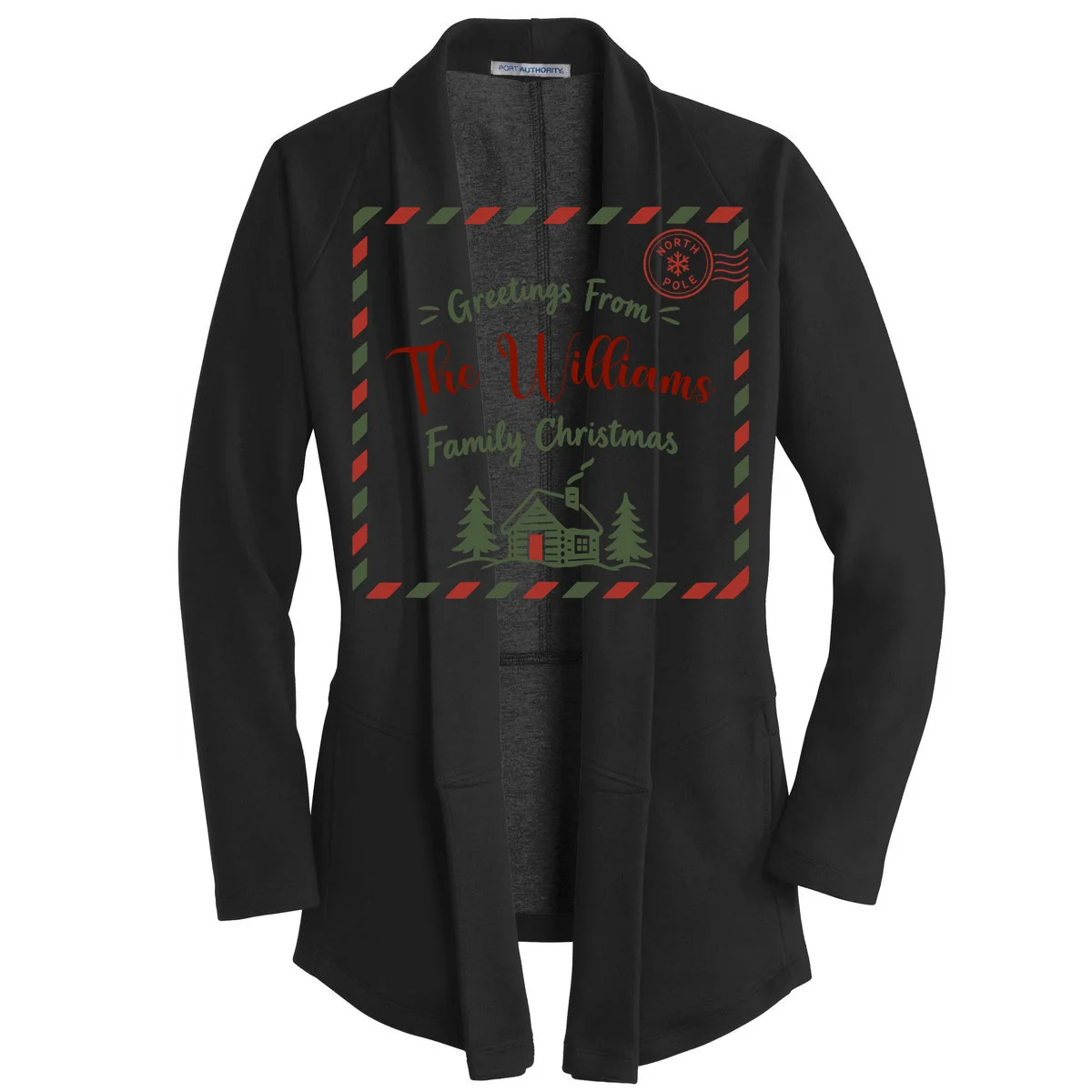 Custom Personalized  “Greetings From” Family Christmas Name Women's Cardigan Front