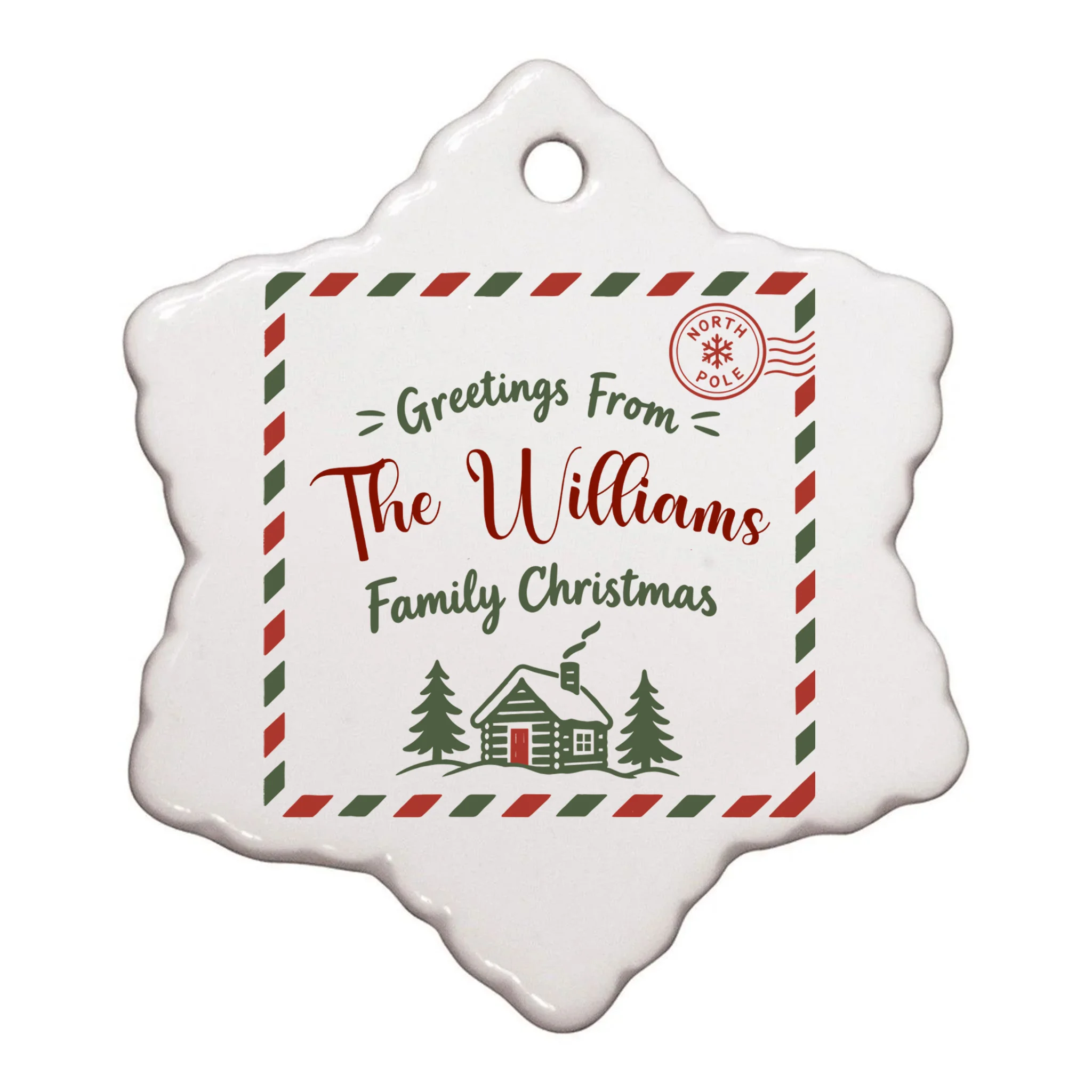 Custom Personalized “Greetings From” Family Christmas Name Ornament - Front