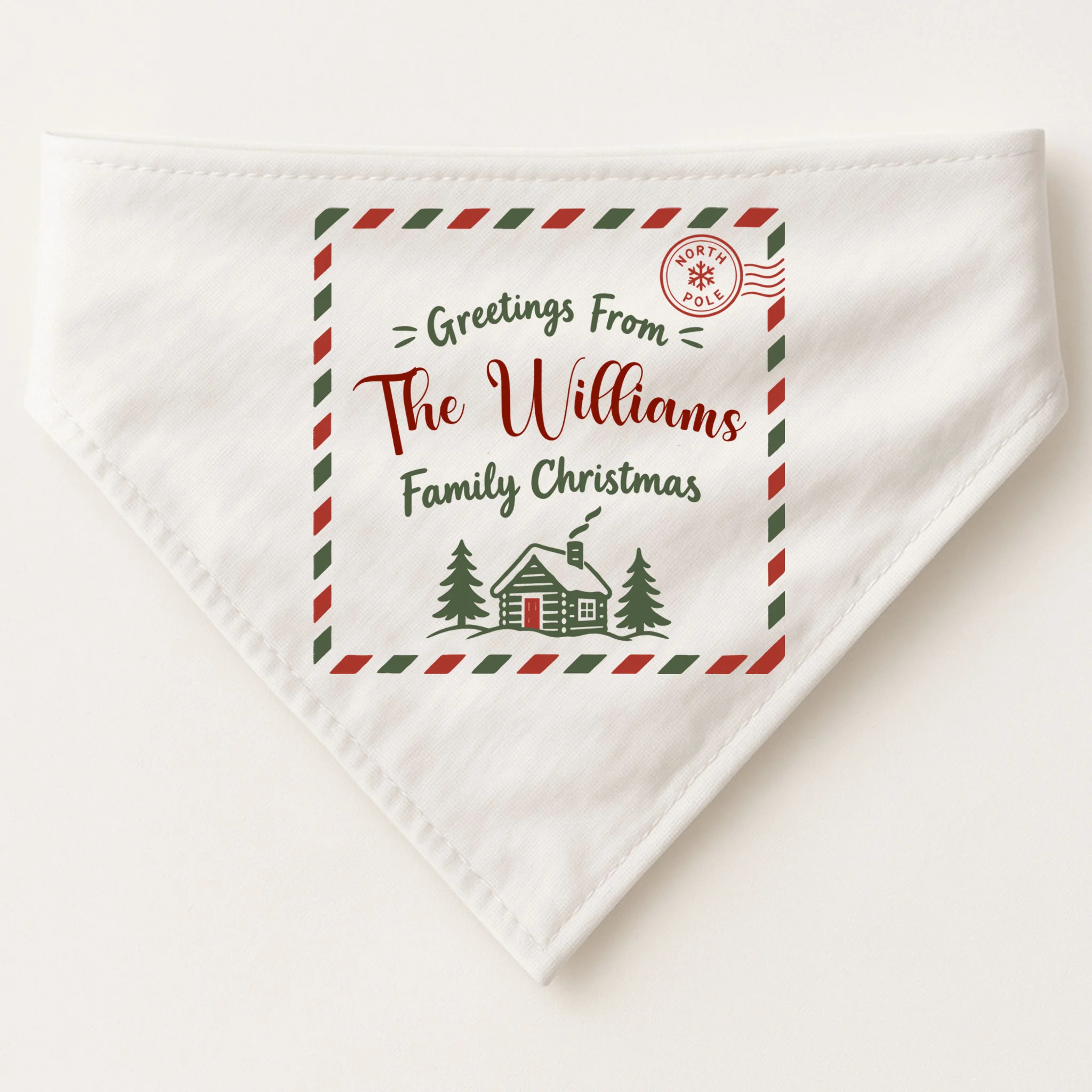 Custom Personalized “Greetings From” Family Christmas Name Dog Bandana - Front