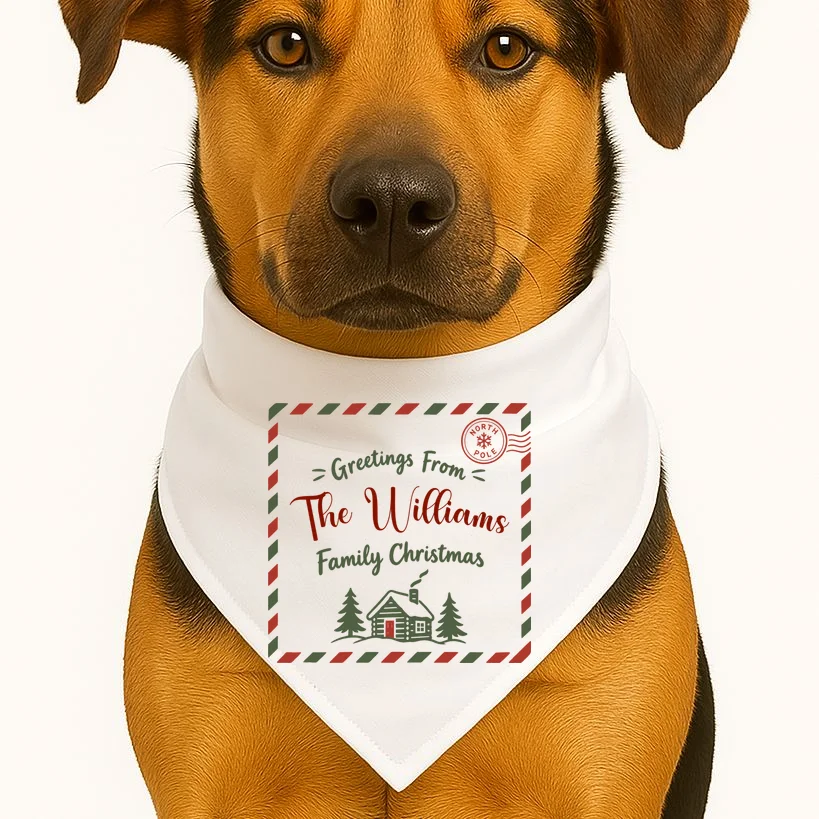 Custom Personalized  “Greetings From” Family Christmas Name Dog Bandana - Front 1