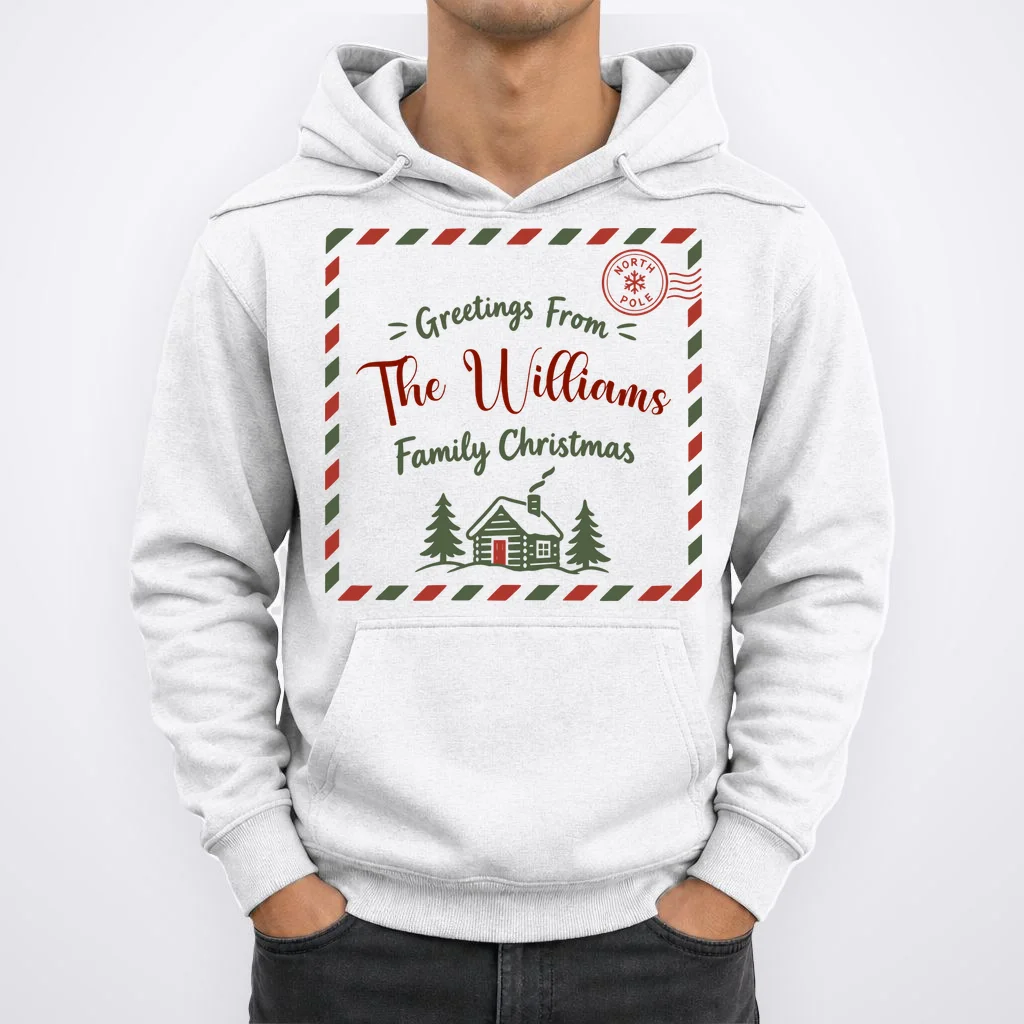 Custom Personalized  “Greetings From” Family Christmas Name Men's Hoodie - Front 1