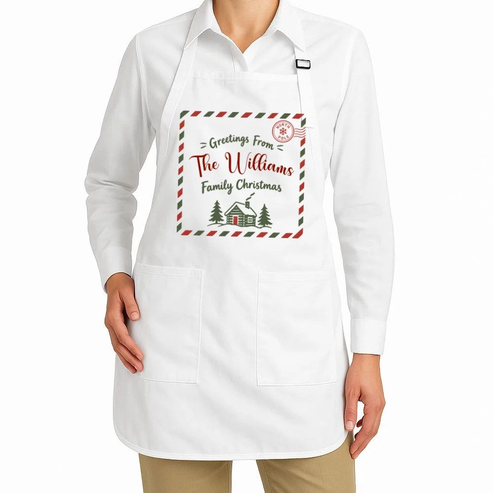 Custom Personalized  “Greetings From” Family Christmas Name Apron - Front 1