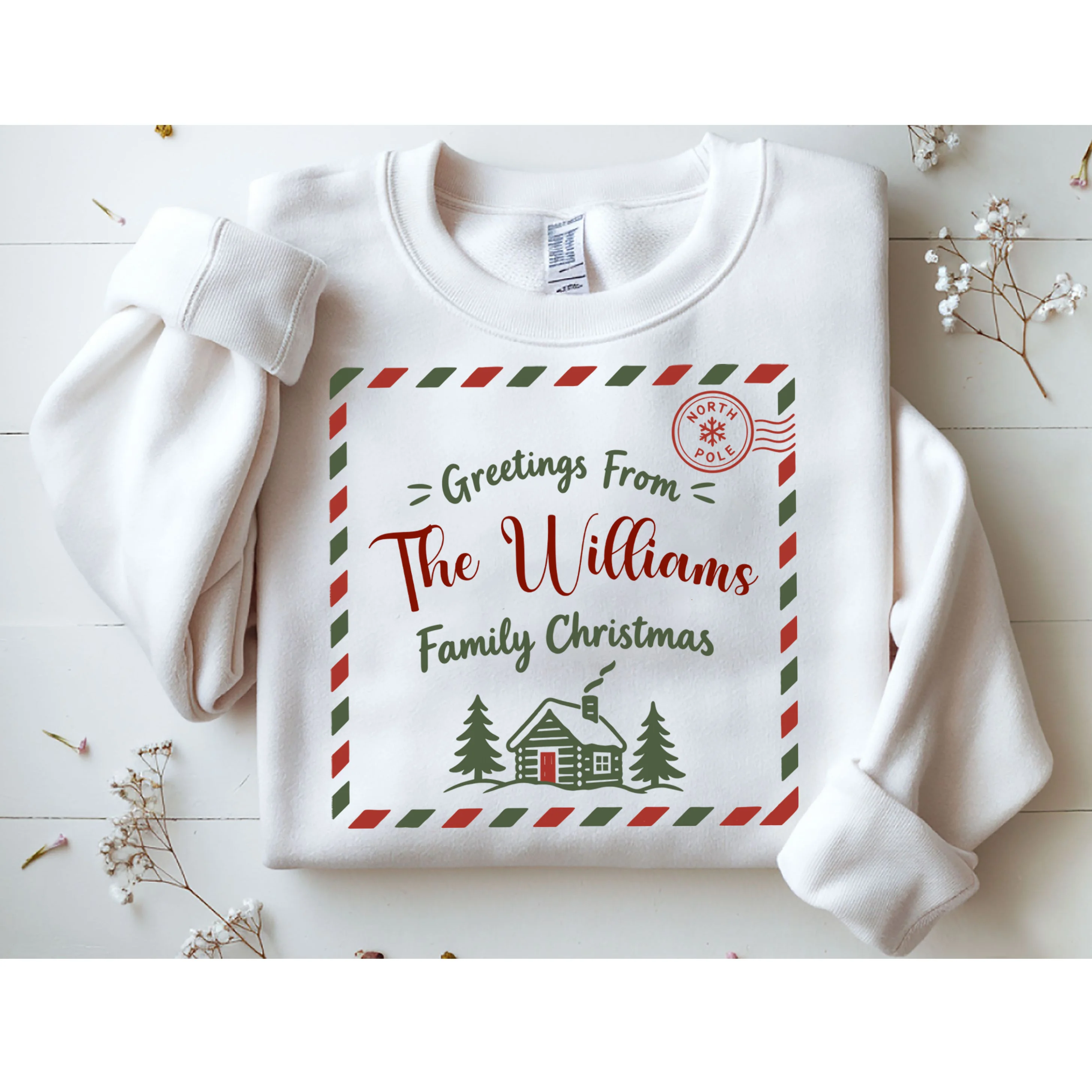 Custom Personalized  “Greetings From” Family Christmas Name Men's Sweatshirt - Front 1