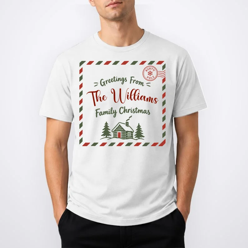 Custom Personalized  “Greetings From” Family Christmas Name Men's T-Shirt - Front 1