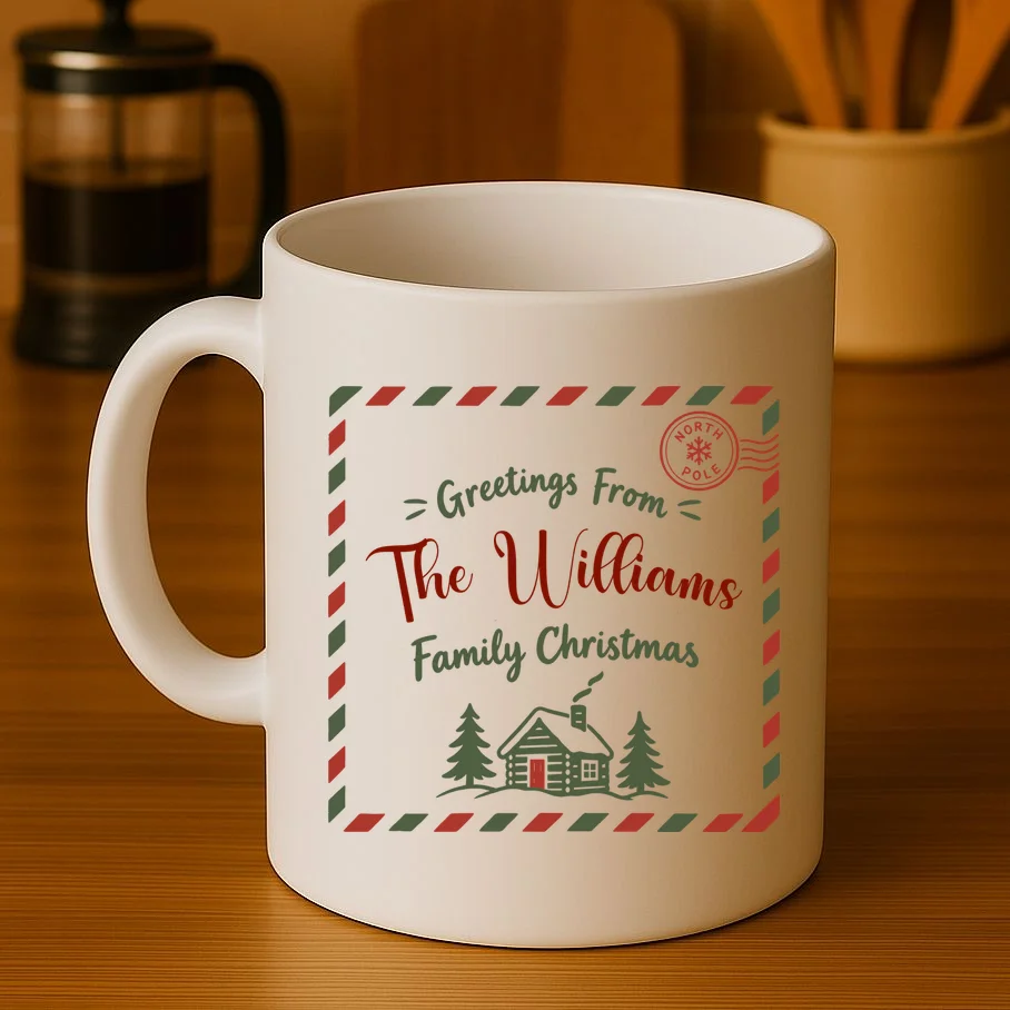 Custom Personalized  “Greetings From” Family Christmas Name Mug - Front 3