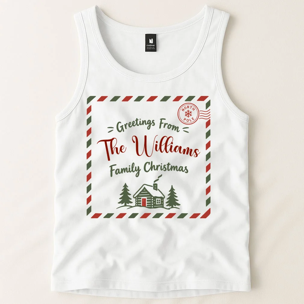Custom Personalized  “Greetings From” Family Christmas Name Men's Tank Top - Front 1
