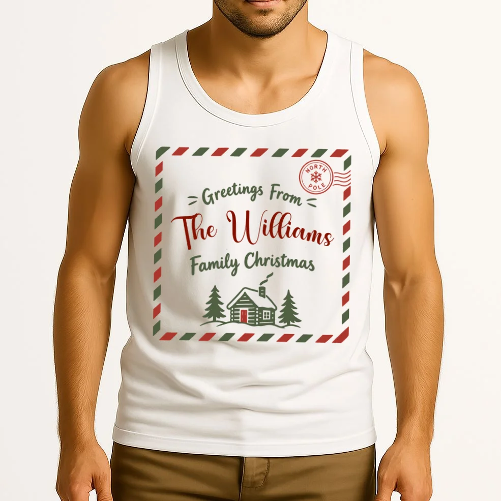 Custom Personalized  “Greetings From” Family Christmas Name Men's Tank Top - Front 2