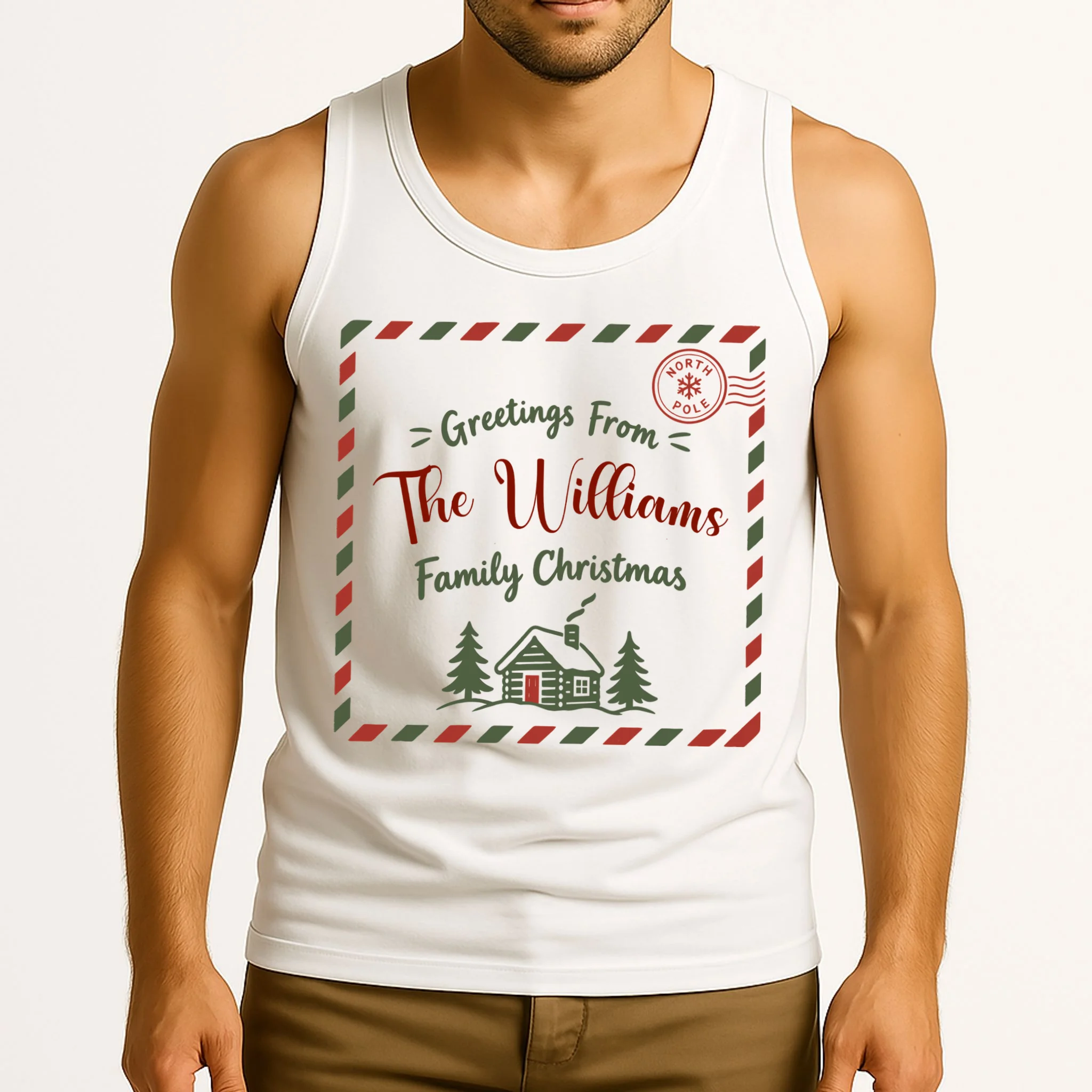 Custom Personalized “Greetings From” Family Christmas Name Men's Tank Top - Front 2