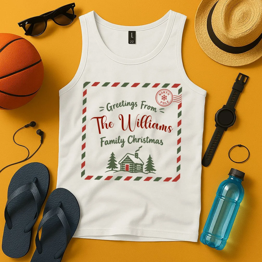 Custom Personalized  “Greetings From” Family Christmas Name Men's Tank Top - Front 3