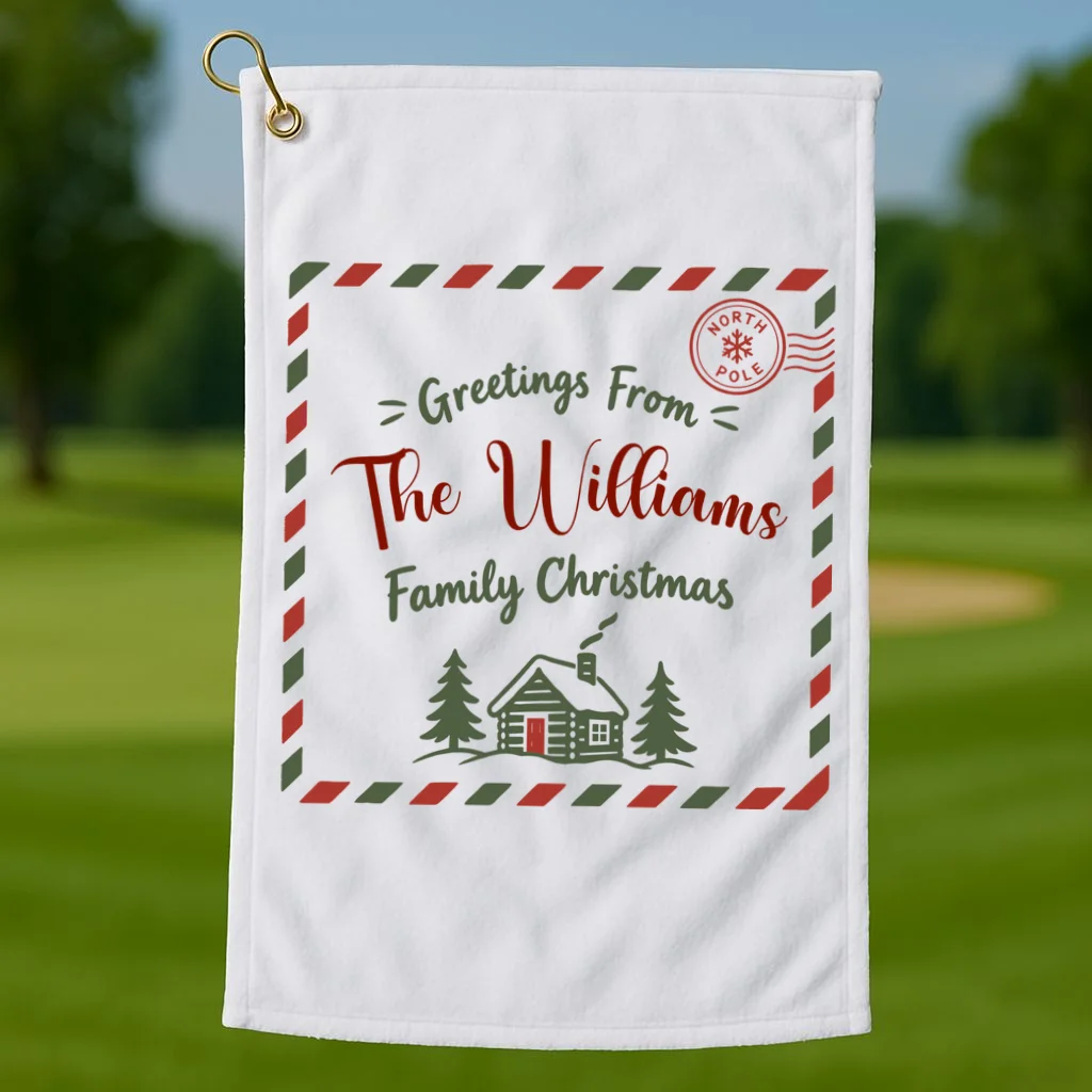 Custom Personalized  “Greetings From” Family Christmas Name Golf Towel - Front 1