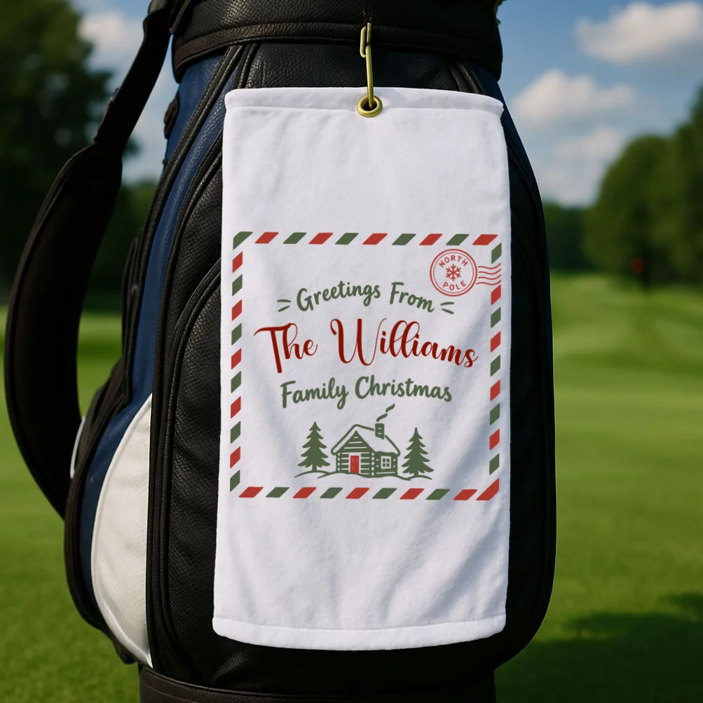 Custom Personalized  “Greetings From” Family Christmas Name Golf Towel - Front 2