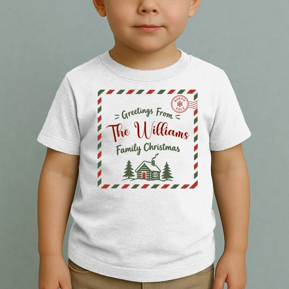 Custom Personalized  “Greetings From” Family Christmas Name Toddler T-Shirt - Front 1