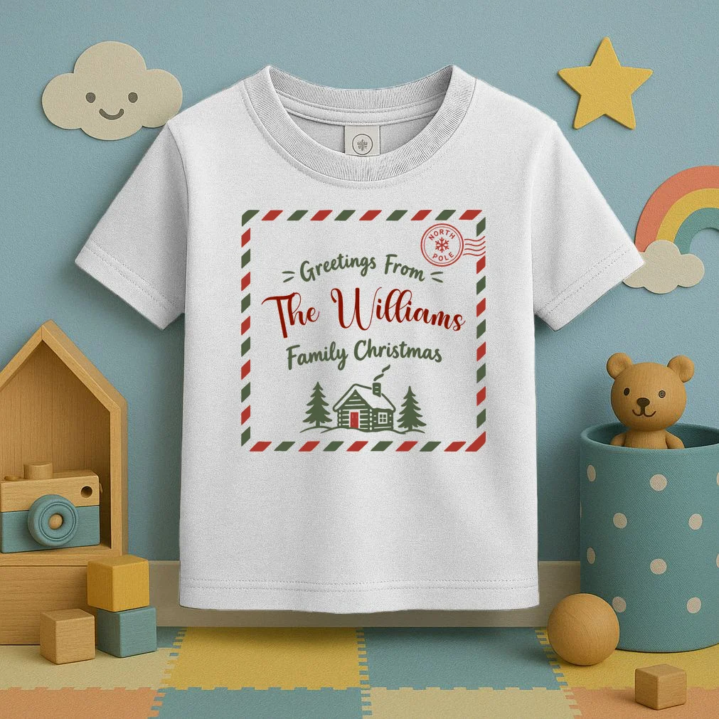 Custom Personalized  “Greetings From” Family Christmas Name Toddler T-Shirt - Front 2