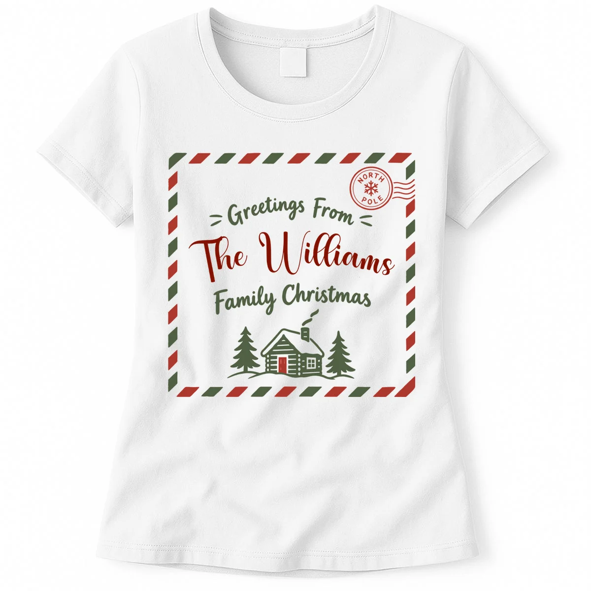Custom Personalized “Greetings From” Family Christmas Name Women's T-Shirt - Front