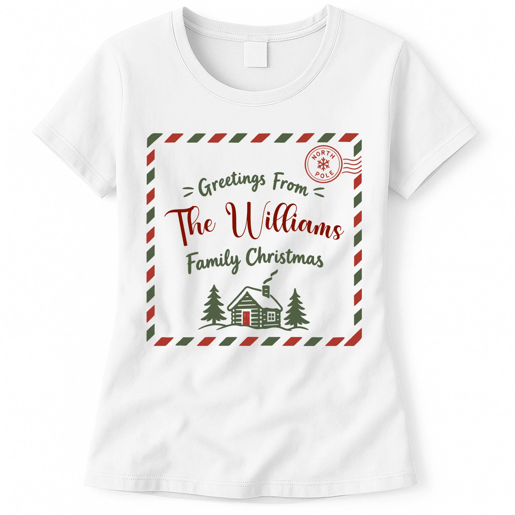Custom Personalized “Greetings From” Family Christmas Name Women's T-Shirt - Front