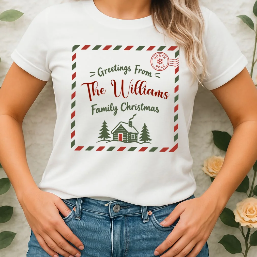 Custom Personalized  “Greetings From” Family Christmas Name Women's T-Shirt - Front 1