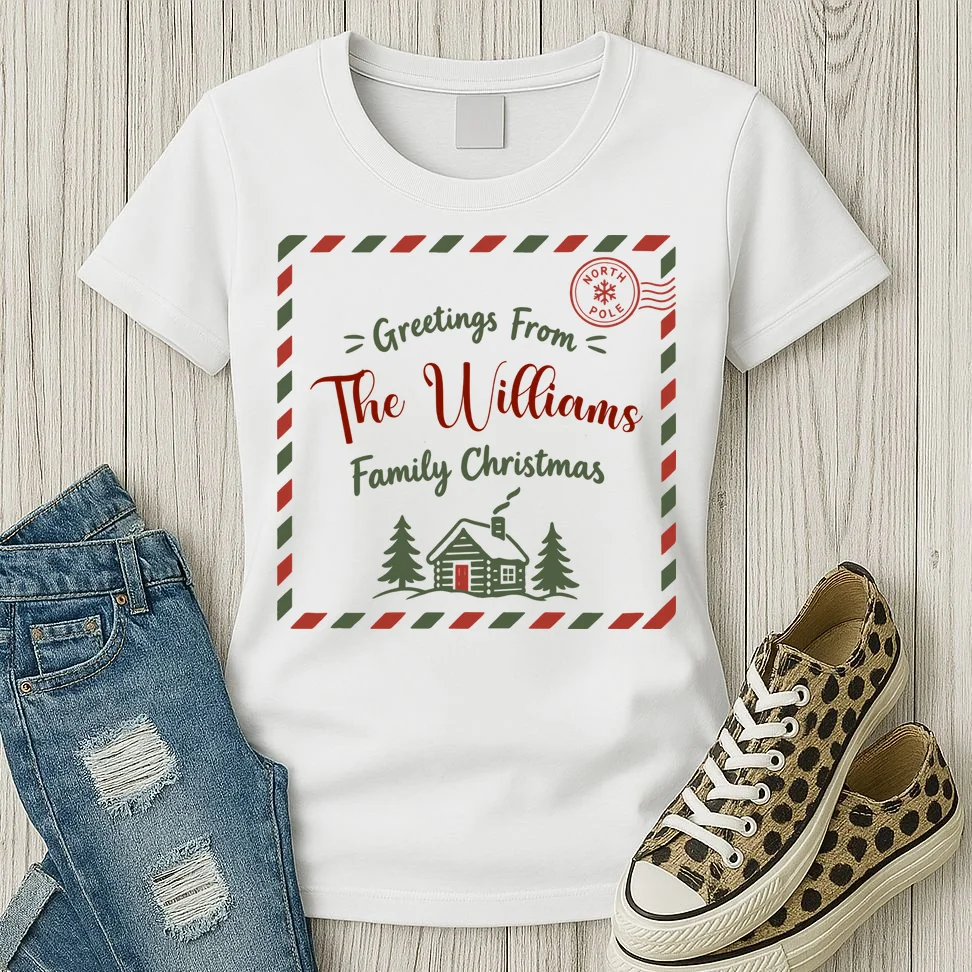 Custom Personalized  “Greetings From” Family Christmas Name Women's T-Shirt - Front 2