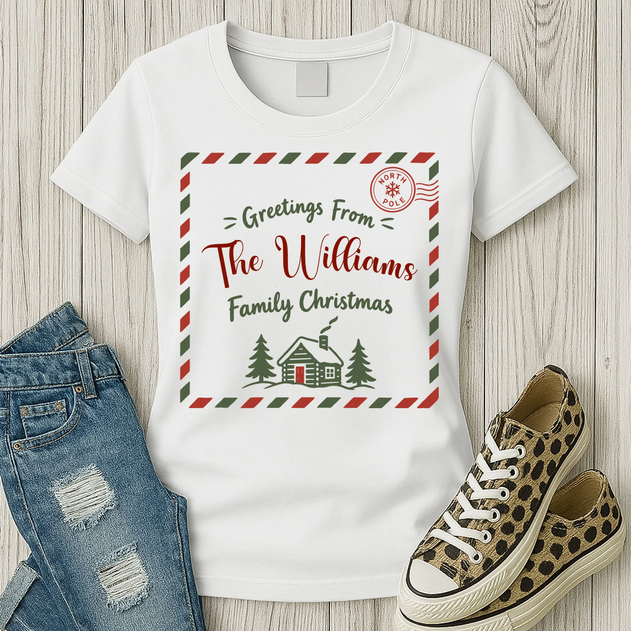 Custom Personalized “Greetings From” Family Christmas Name Women's T-Shirt - Front 2