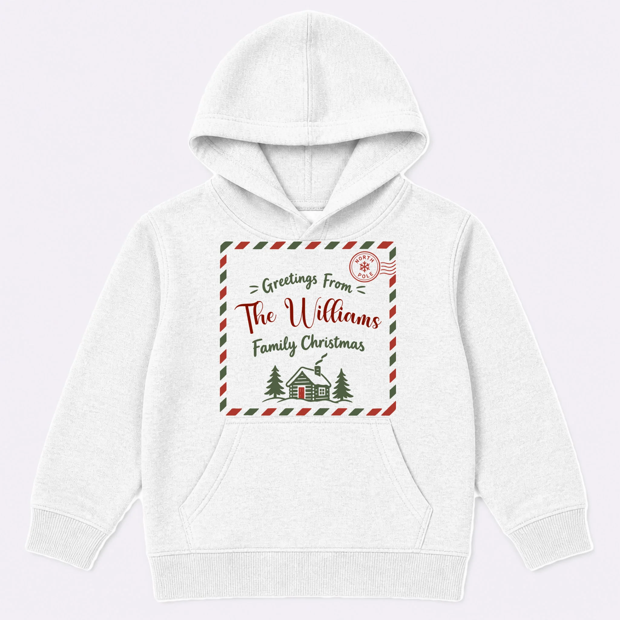 Custom Personalized “Greetings From” Family Christmas Name Kids Hoodie - Front