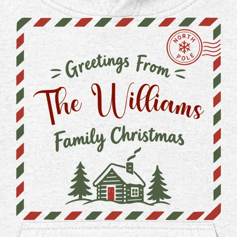 Custom Personalized “Greetings From” Family Christmas Name Kids Hoodie - Front - Close-up