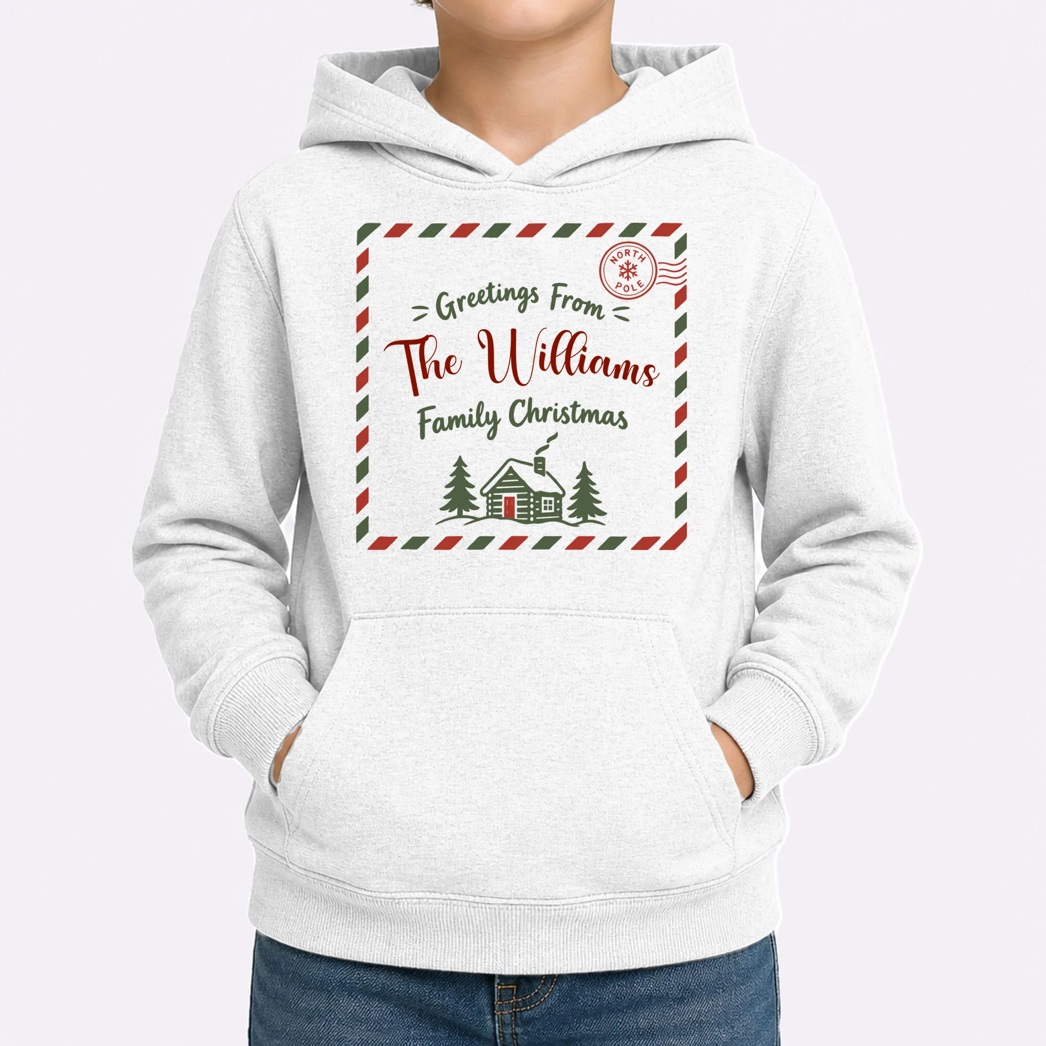 Custom Personalized “Greetings From” Family Christmas Name Kids Hoodie - Front 1