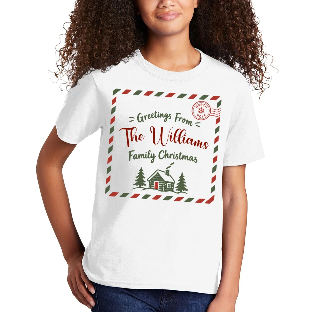 Custom Personalized  “Greetings From” Family Christmas Name Kids T-Shirt - Front 1