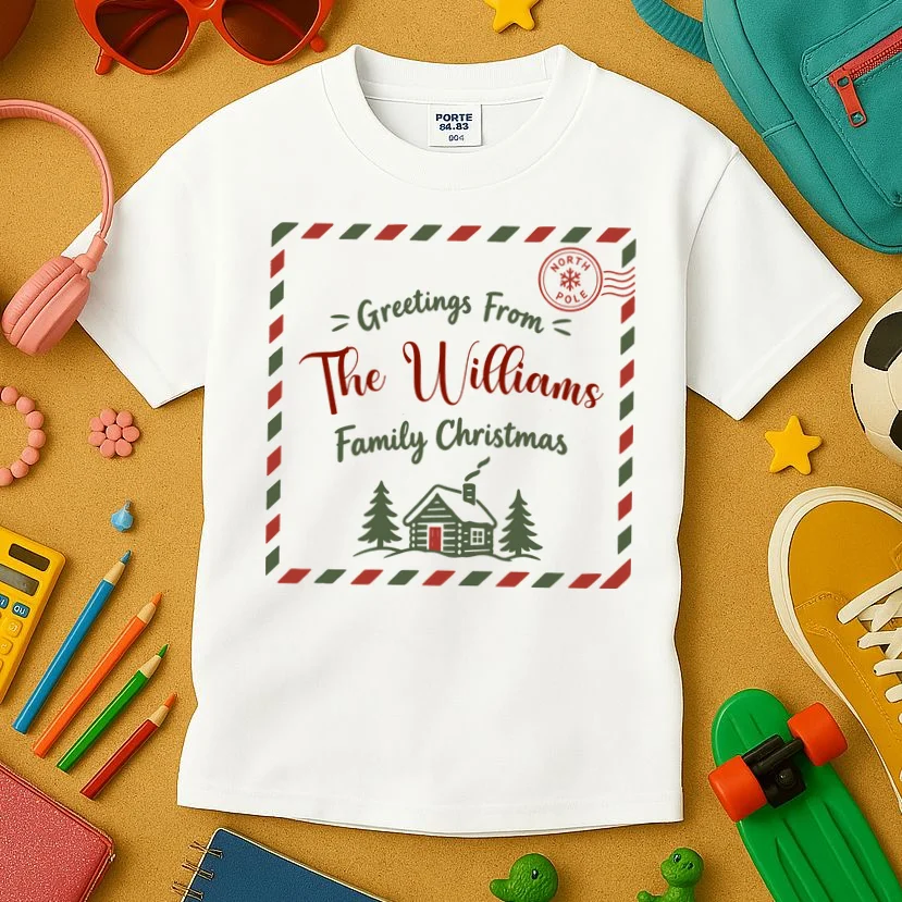 Custom Personalized  “Greetings From” Family Christmas Name Kids T-Shirt - Front 2