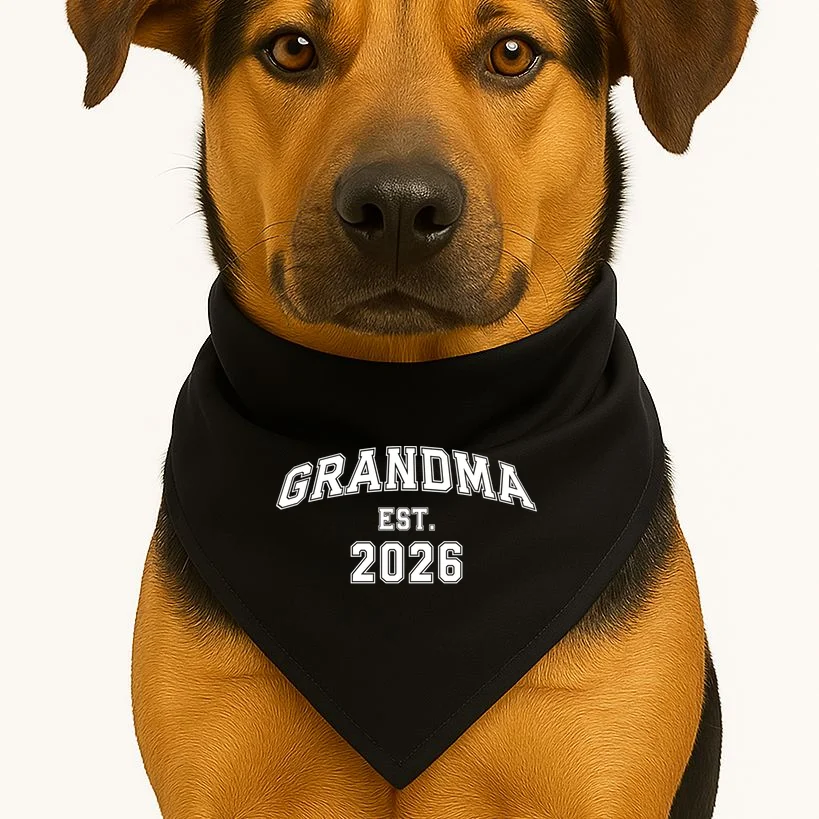Custom Grandma, Grandpa, Mom, Dad Est. 2026 Custom Text and YearDog Bandana - Front 1