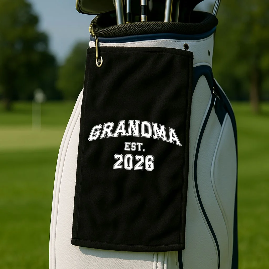 Custom Grandma, Grandpa, Mom, Dad Est. 2026 Custom Text and YearGolf Towel - Front 2