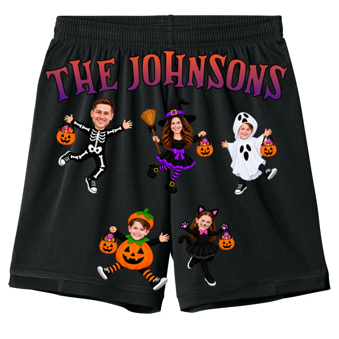 Personalized Halloween Family Photo Kids Shorts - Custom Faces & Name Front