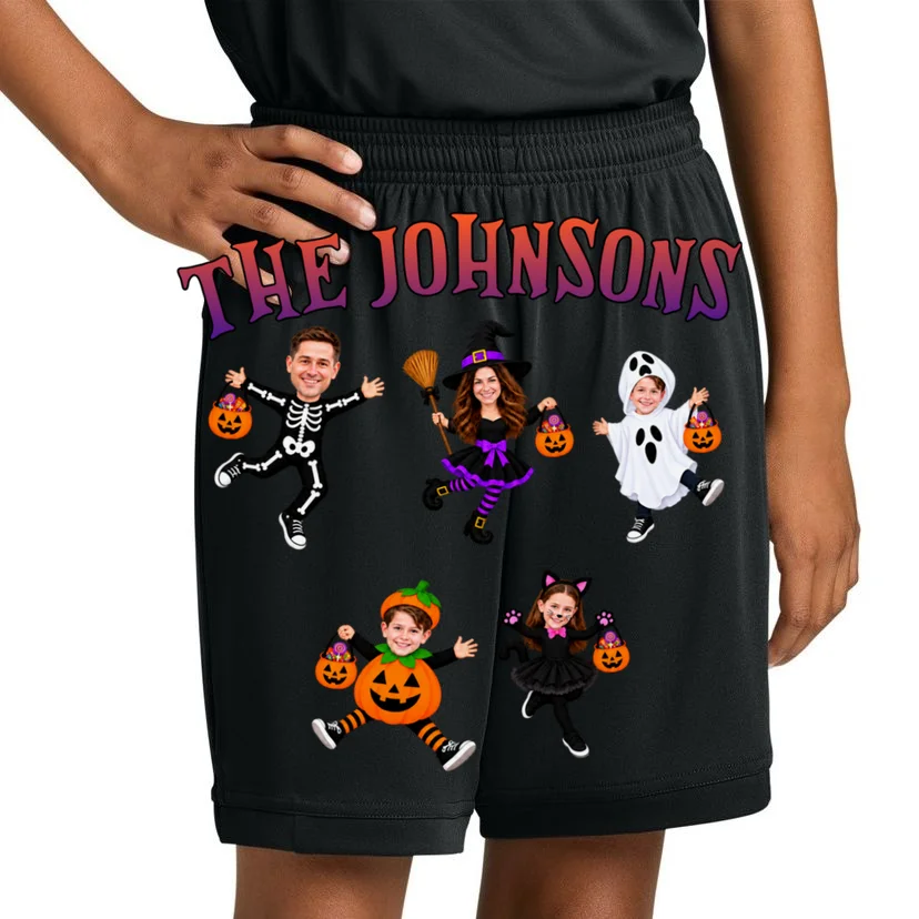 Personalized Halloween Family Photo Kids Shorts - Custom Faces & Name - Front 1