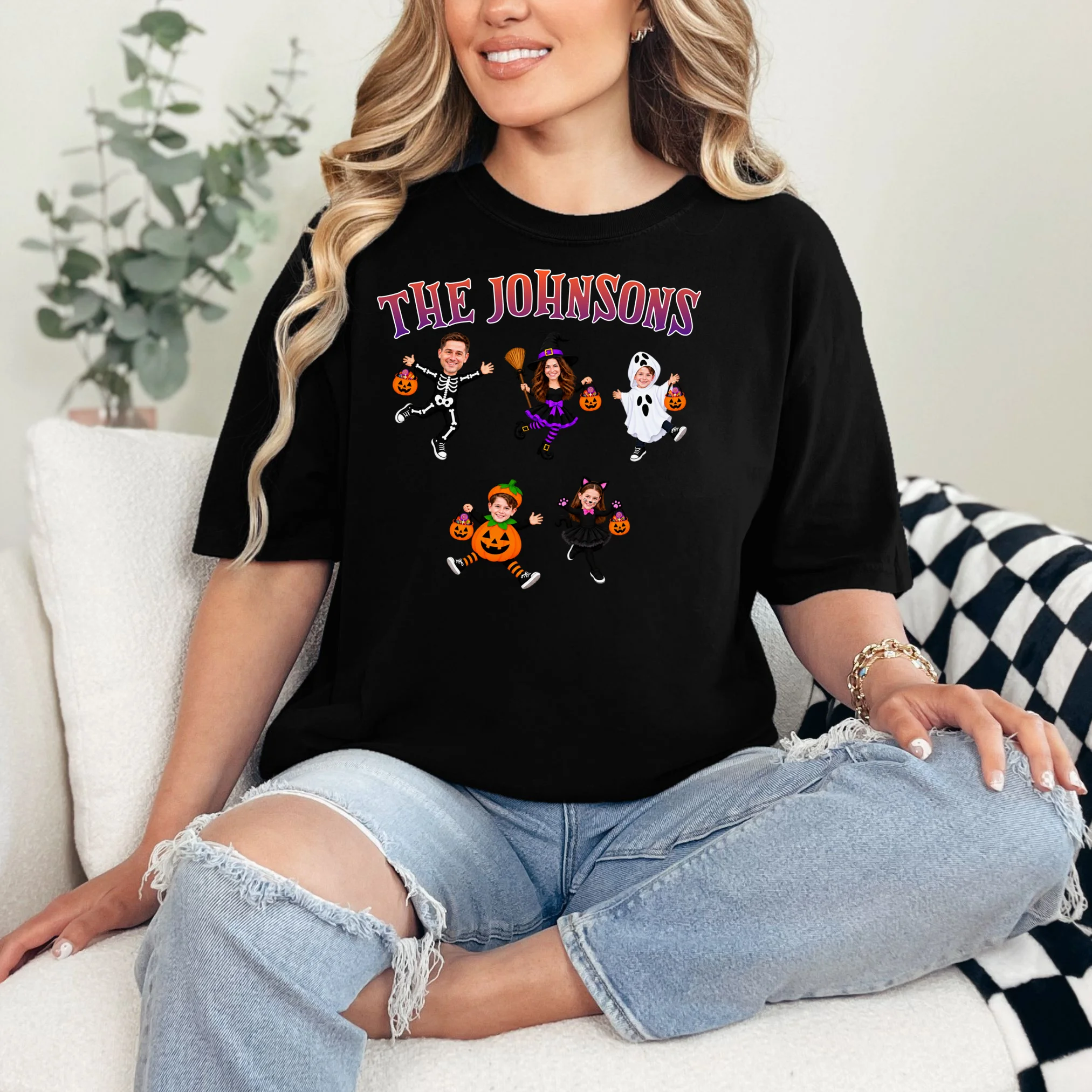 Personalized Halloween Family Photo T-Shirt - Custom Faces & Name - Front 1
