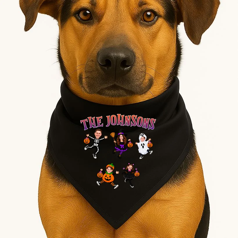 Personalized Halloween Family Photo Dog Bandana - Custom Faces & Name - Front 1