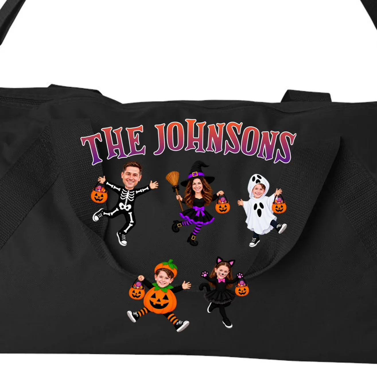 Personalized Halloween Family Photo Duffel Bag - Custom Faces & Name - Front - Close-up