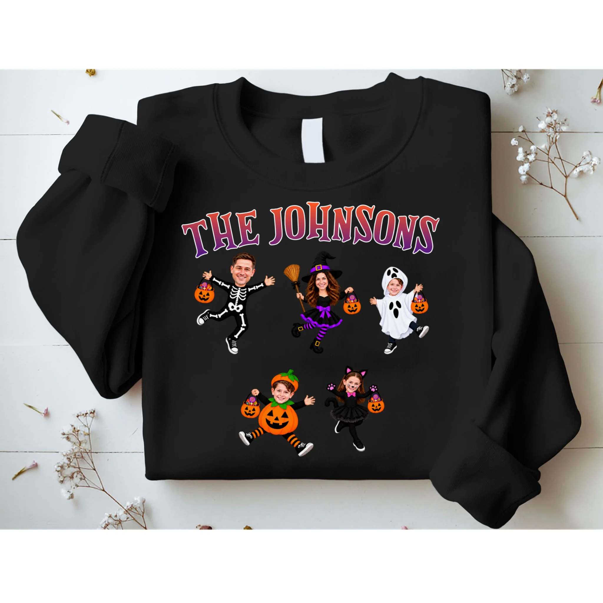 Personalized Halloween Family Photo Sweatshirt - Custom Faces & Name - Front 1