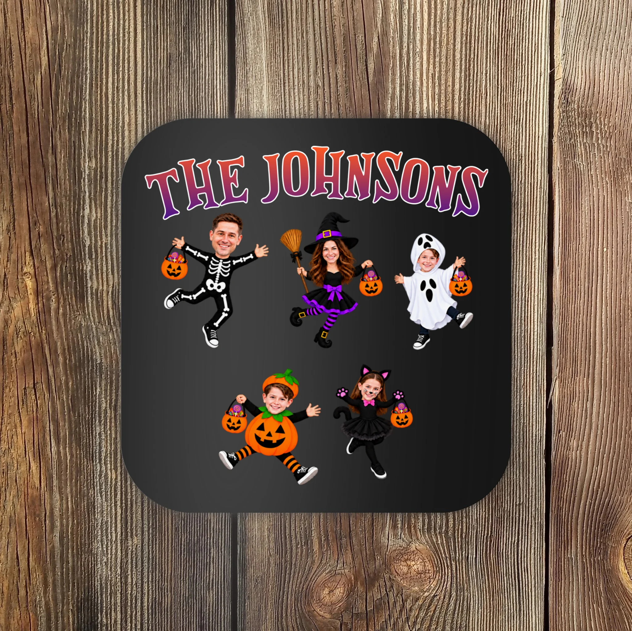 Personalized Halloween Family Photo Coaster - Custom Faces & Name Front